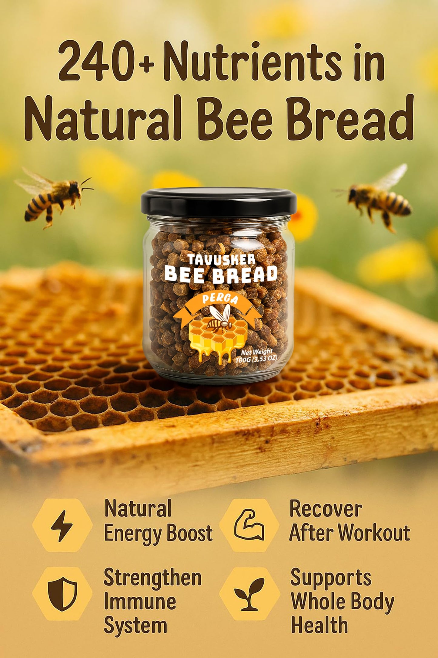 Tavusker Bee Bread 2026 Harvest, Fresh Perga Naturally Fermented Bee Pollen, Gluten Free 3.53 OZ (100G)